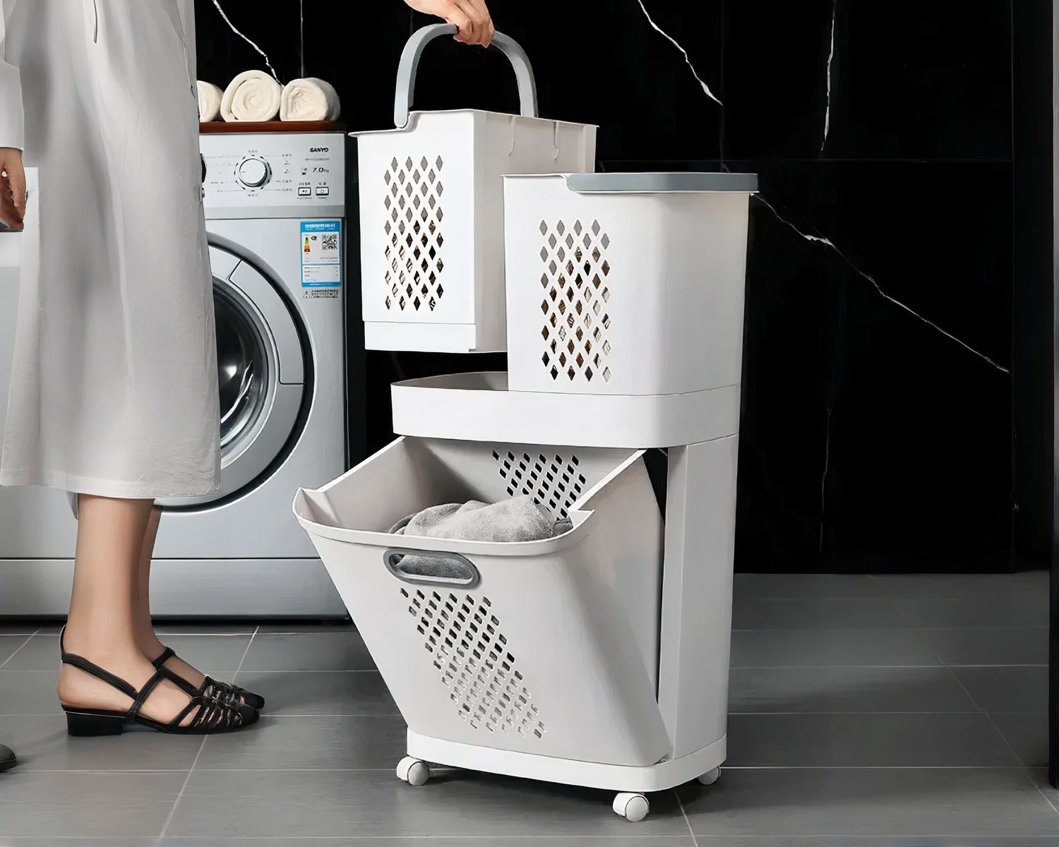 Panier à linge design trois compartiments