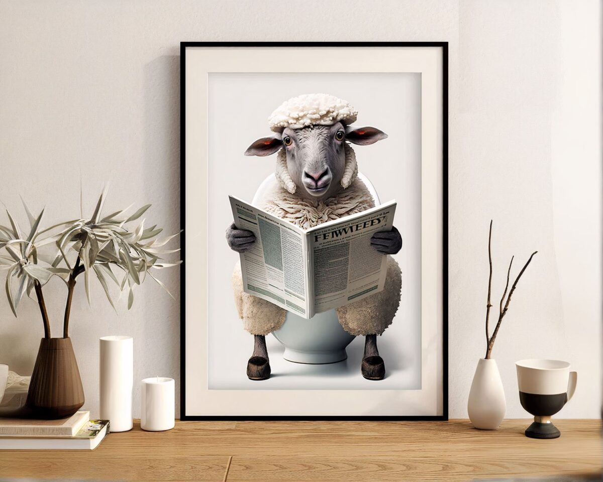 Tableau d'un mouton lisant le journal