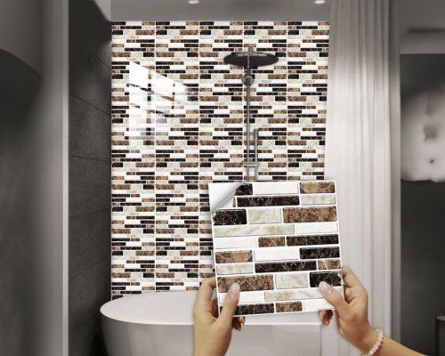 Panneau mural de salle de bain auto-adhésif briques marbrées ébène et perle